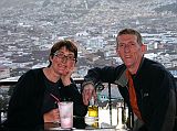 Ecuador Quito 07-01 Charlotte Ryan and Jerome Ryan At Cafe Mosaico In Old Quito Charlotte Ryan and Jerome Ryan had dinner at Cafe Mosaico in an old house high up on a hill overlooking Old Quito. We arrived at 17:00 and snagged the last table next to the railing.